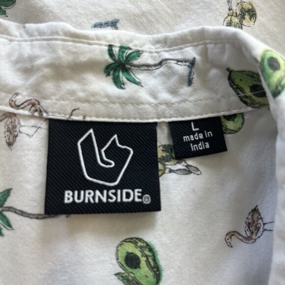 Burnside Hawaiian Shirt Button Mens Large Front White Green Palm Flamingo - Picture 6 of 6